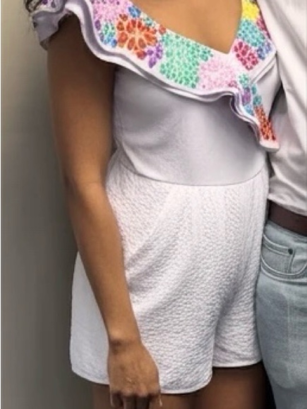 JMarie Seersucker Romper with Colorful Embroidered Floral Ruffle Neckline - Picture 2 of 8